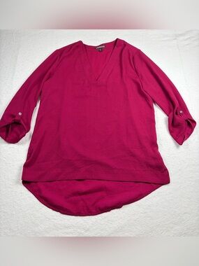 Express Women's Magenta V-Neck Roll-Sleeve Tunic